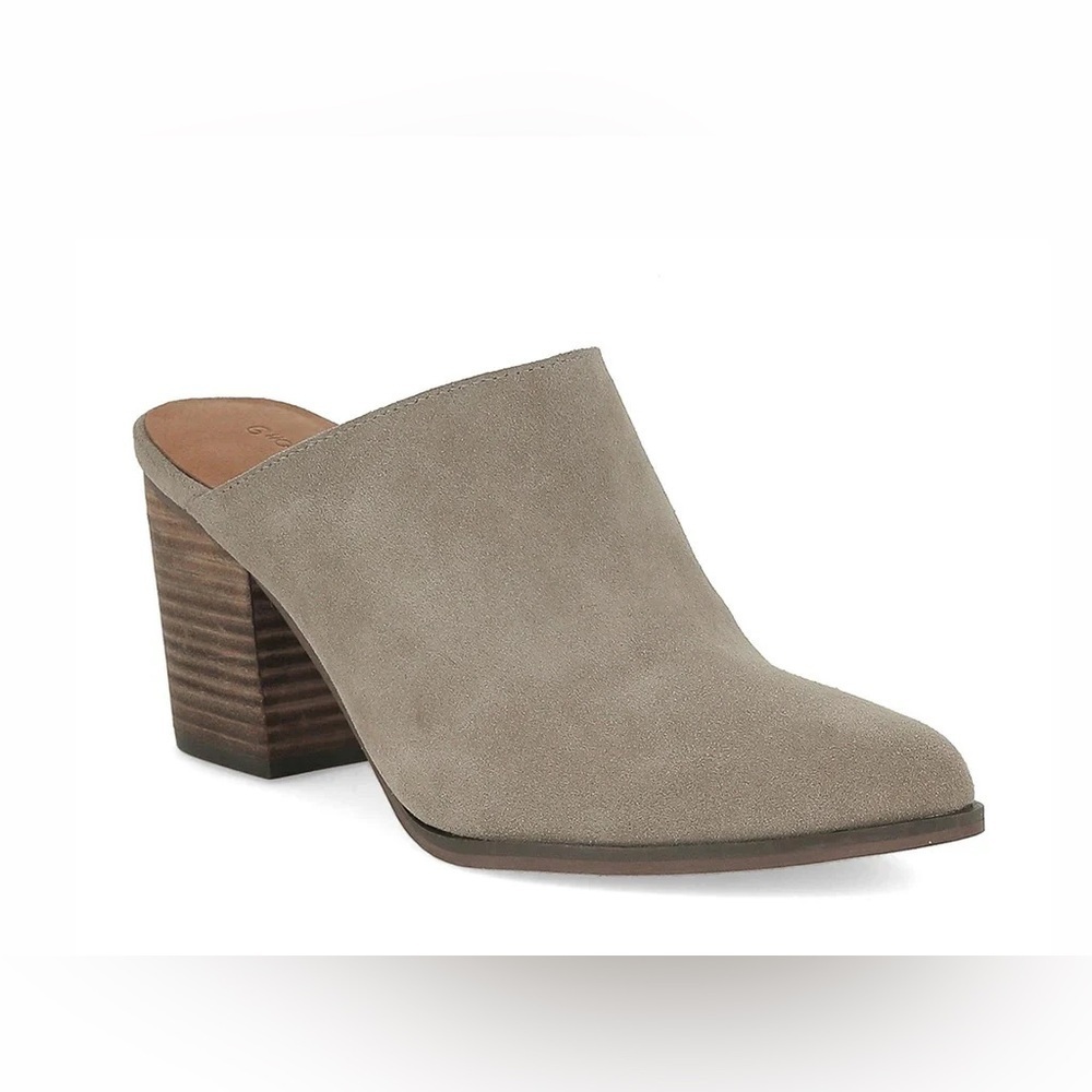 Calson Grey Suede Leather Wood Block Heeled Mules- Size 8